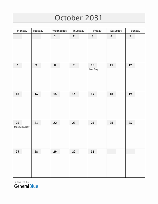 Kenya October 2031 Calendar with Holidays