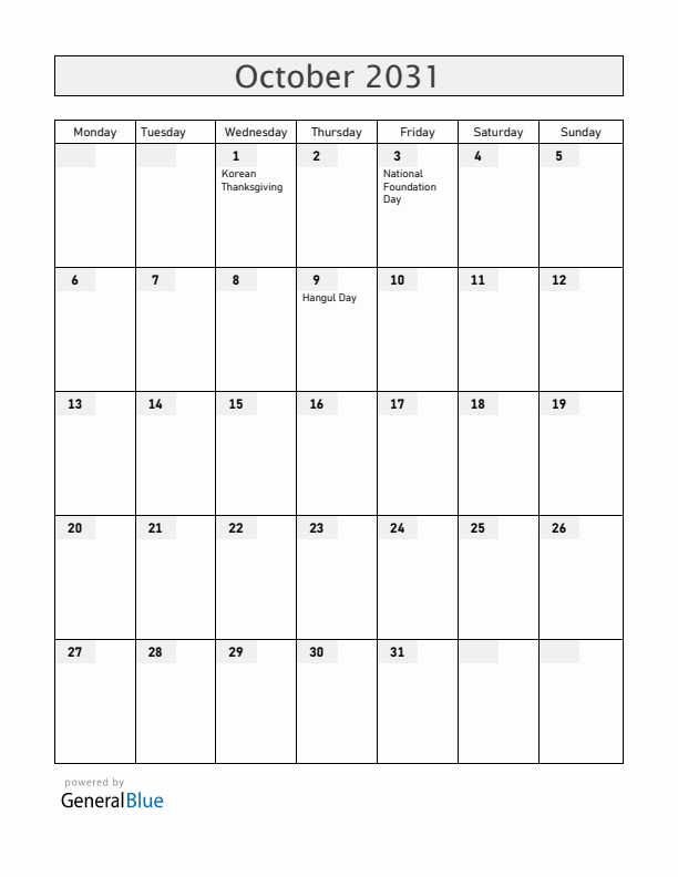 South Korea October 2031 Calendar with Holidays