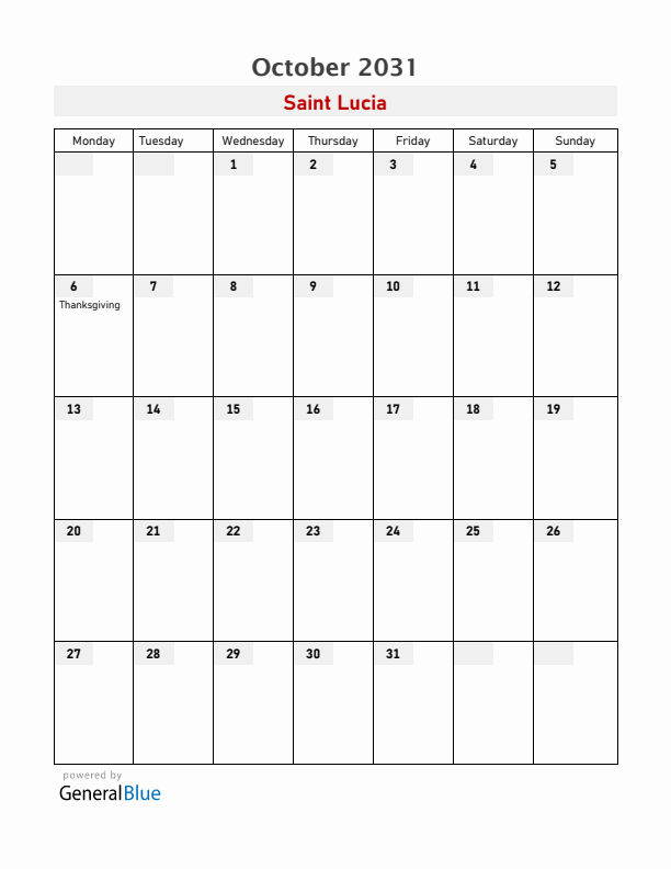 Saint Lucia October 2031 Calendar with Holidays