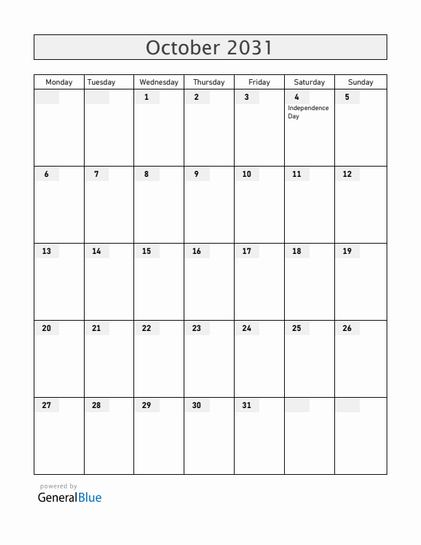 Lesotho October 2031 Calendar with Holidays