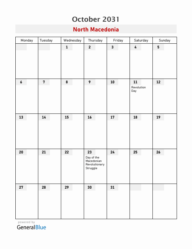 North Macedonia October 2031 Calendar with Holidays