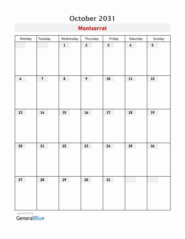 Montserrat October 2031 Calendar with Holidays