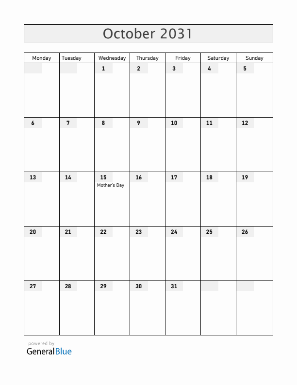 Malawi October 2031 Calendar with Holidays