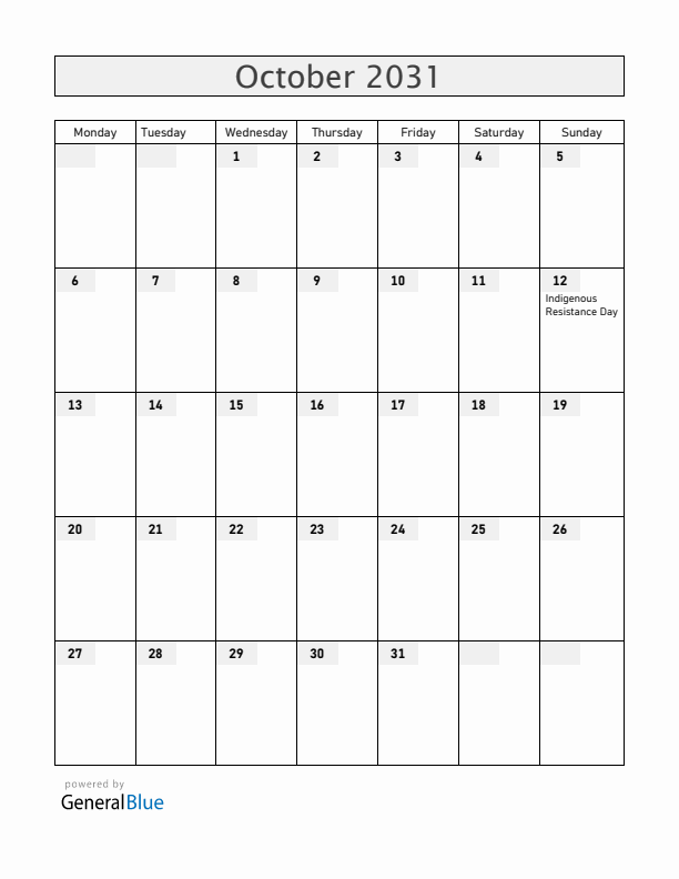 Nicaragua October 2031 Calendar with Holidays