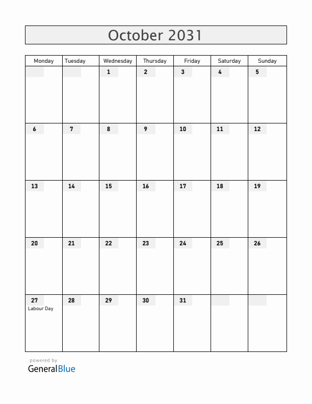 New Zealand October 2031 Calendar with Holidays