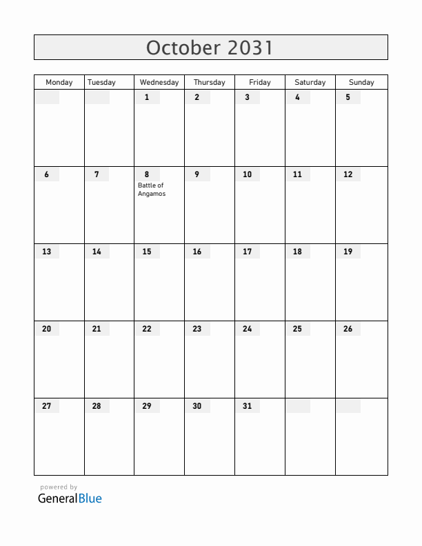 Peru October 2031 Calendar with Holidays