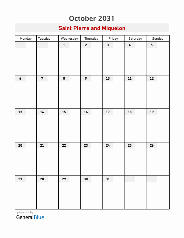 Saint Pierre and Miquelon October 2031 Calendar with Holidays