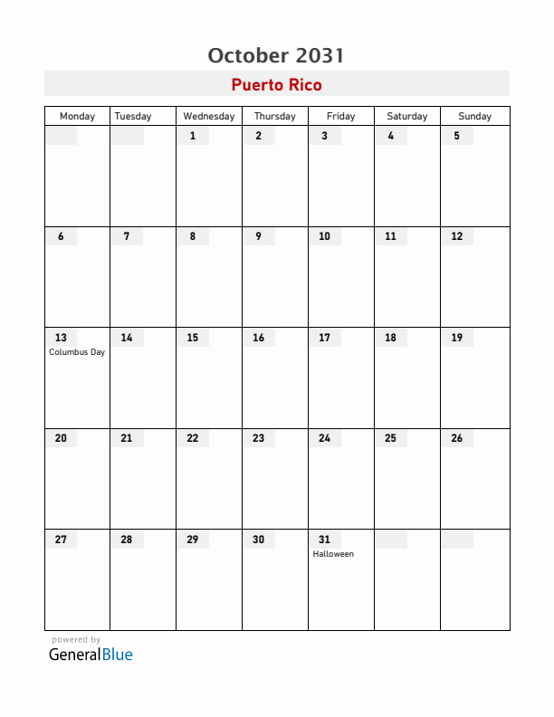 Puerto Rico October 2031 Calendar with Holidays