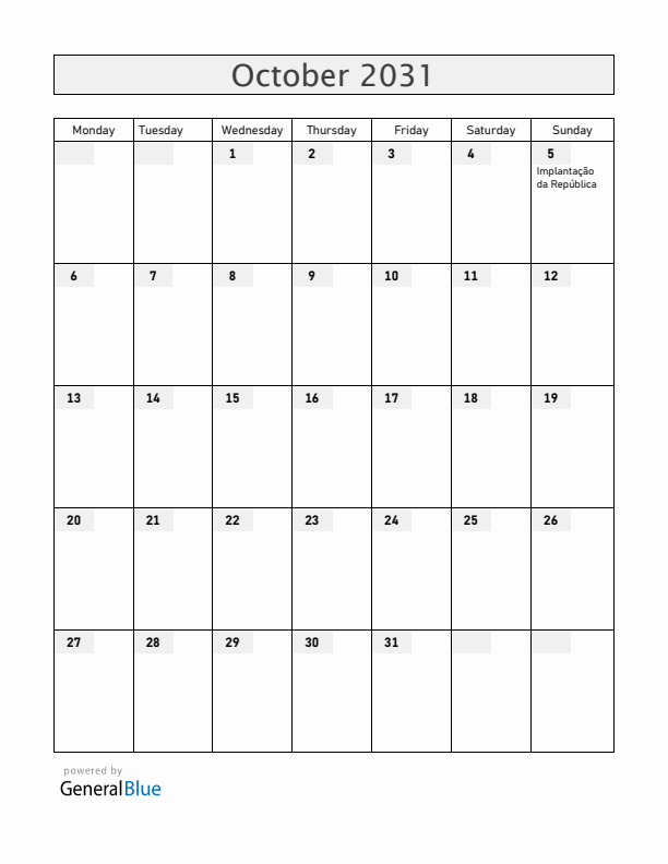 Portugal October 2031 Calendar with Holidays