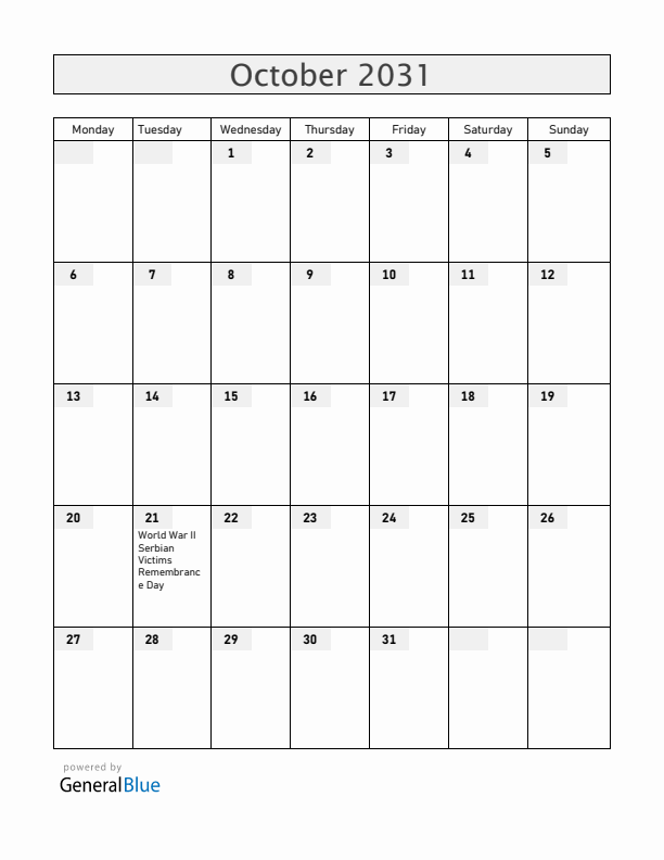 Serbia October 2031 Calendar with Holidays
