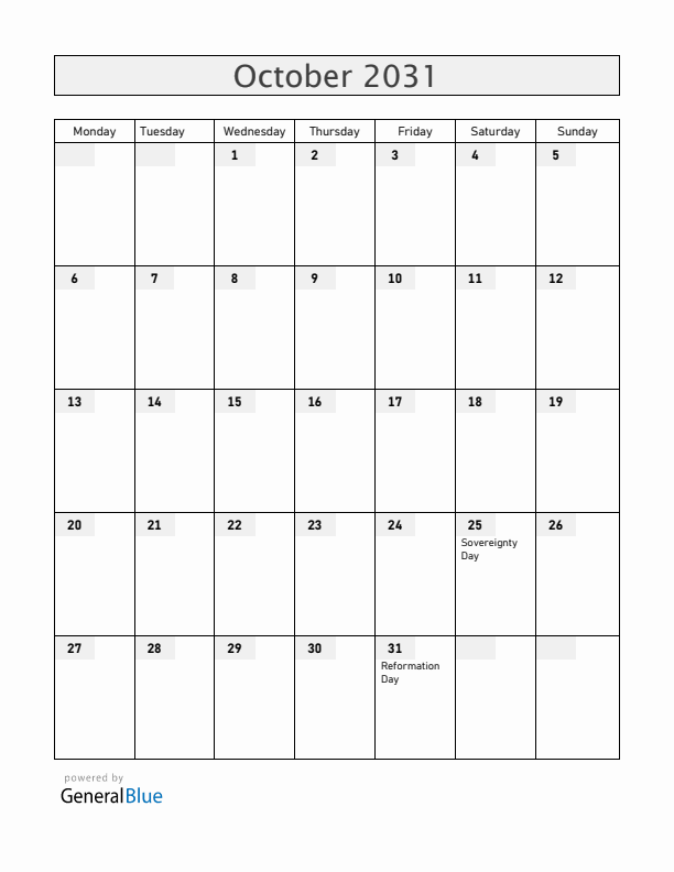 Slovenia October 2031 Calendar with Holidays