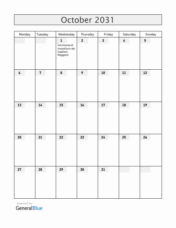 San Marino October 2031 Calendar with Holidays