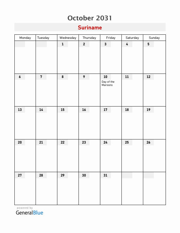 Suriname October 2031 Calendar with Holidays