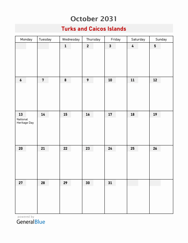 Turks and Caicos Islands October 2031 Calendar with Holidays
