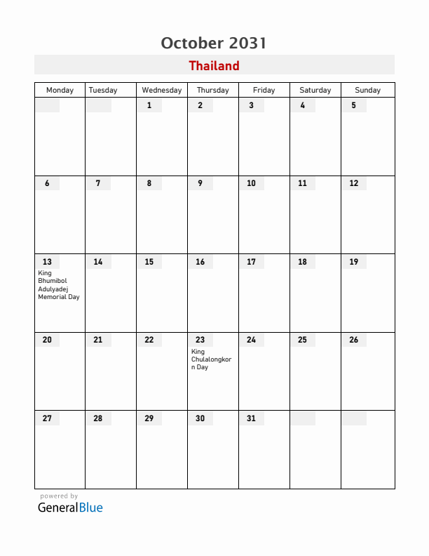 Thailand October 2031 Calendar with Holidays