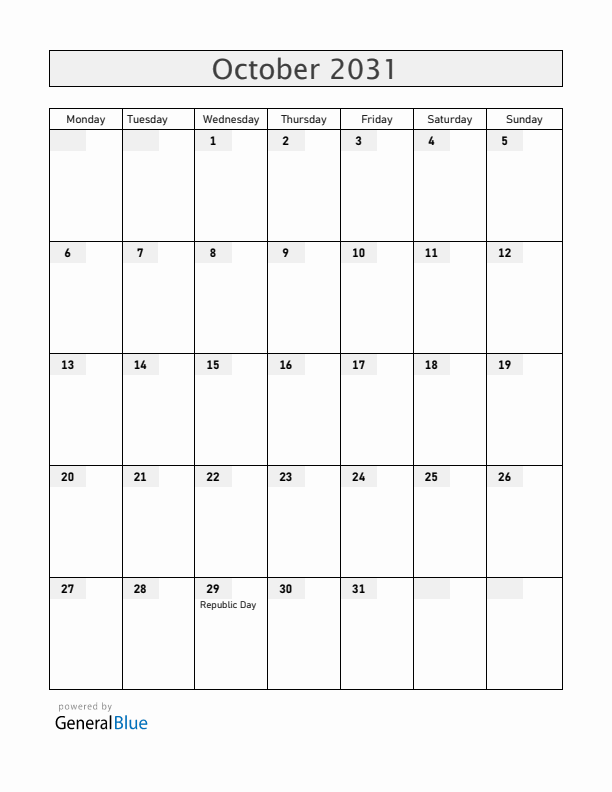 Turkey October 2031 Calendar with Holidays