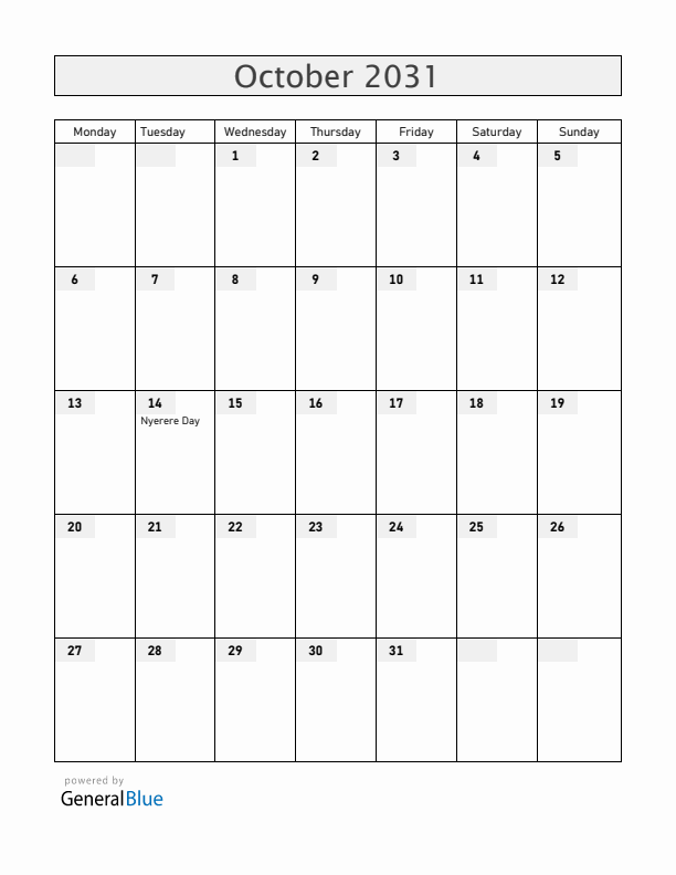 Tanzania October 2031 Calendar with Holidays