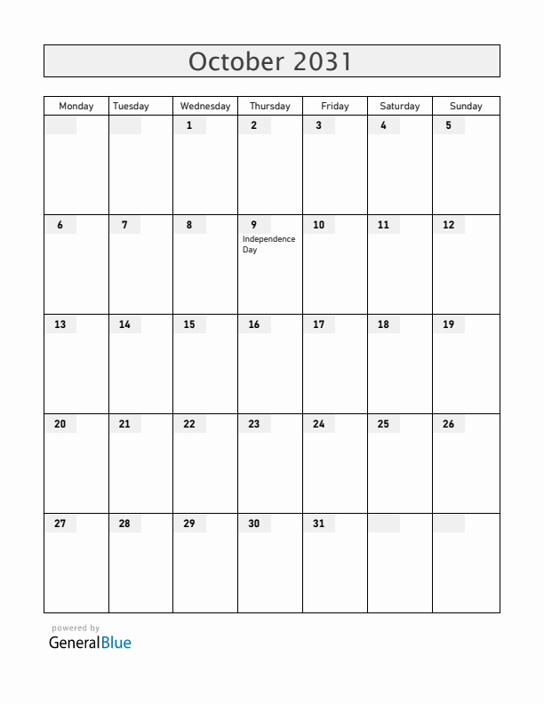 Uganda October 2031 Calendar with Holidays