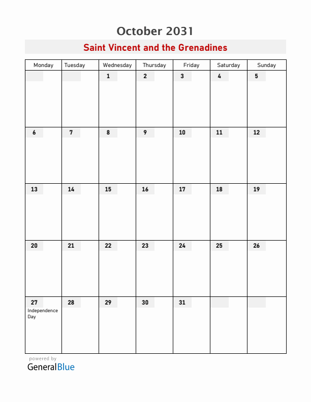 Saint Vincent and the Grenadines October 2031 Calendar with Holidays