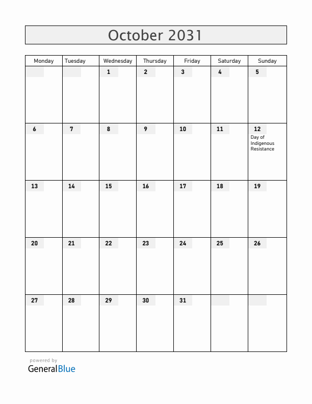 Venezuela October 2031 Calendar with Holidays