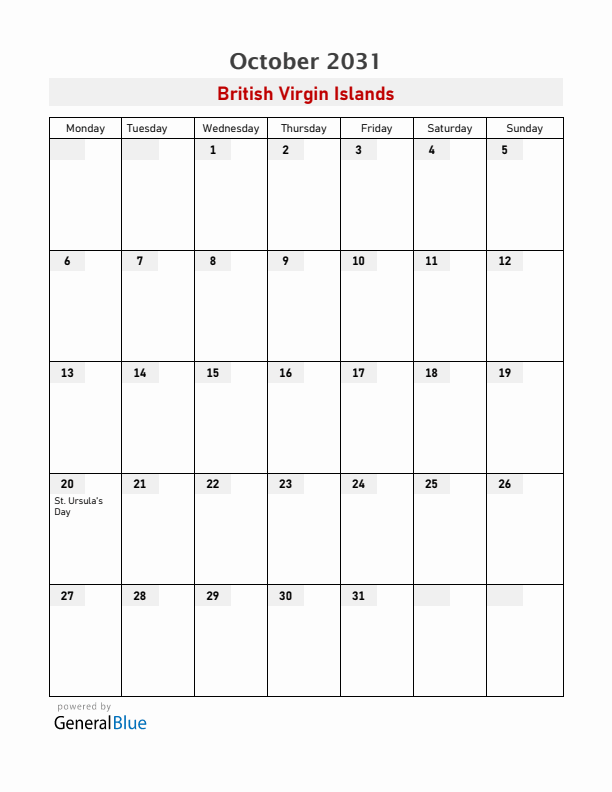 British Virgin Islands October 2031 Calendar with Holidays