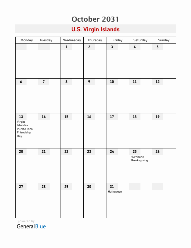 U.S. Virgin Islands October 2031 Calendar with Holidays
