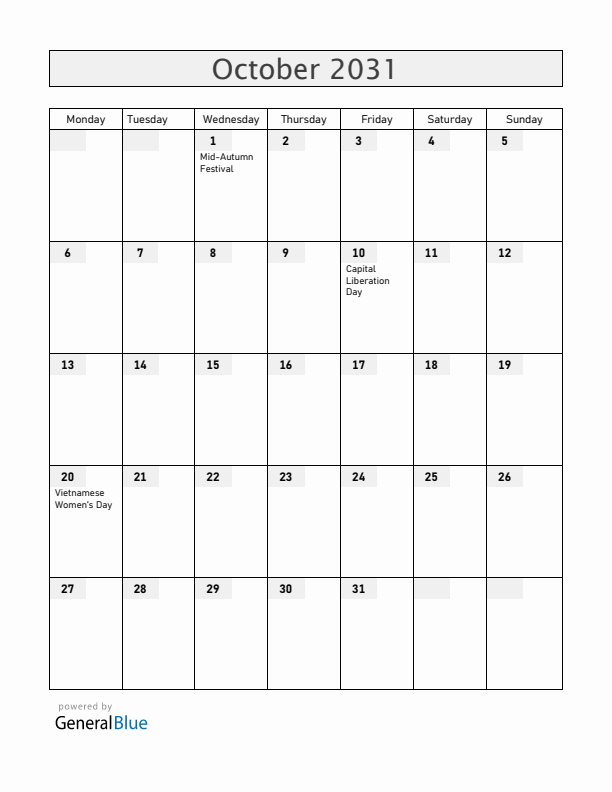 Vietnam October 2031 Calendar with Holidays