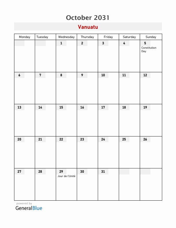 Vanuatu October 2031 Calendar with Holidays