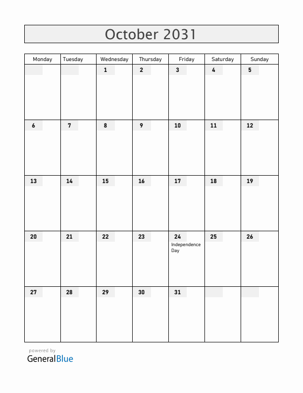 Zambia October 2031 Calendar with Holidays