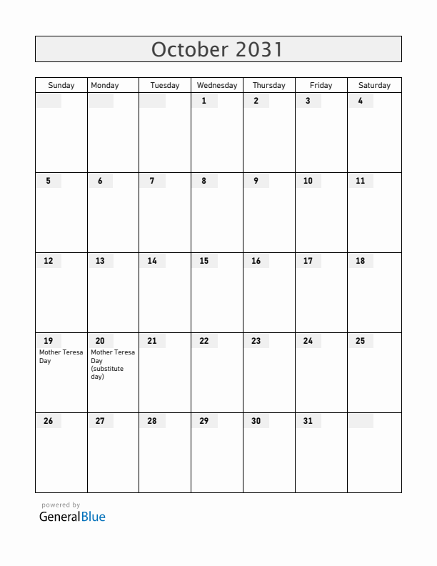 Albania October 2031 Calendar with Holidays