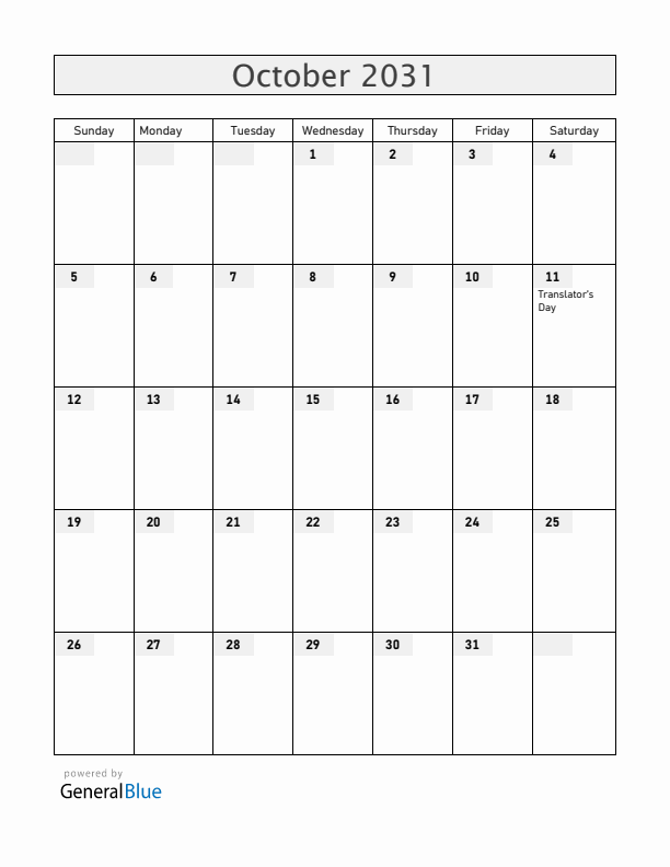 Armenia October 2031 Calendar with Holidays
