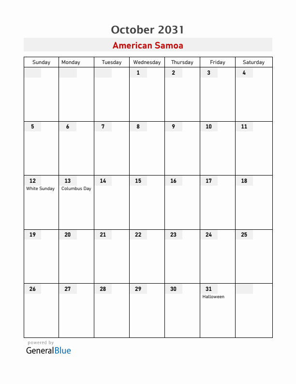 American Samoa October 2031 Calendar with Holidays