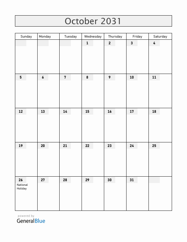 Austria October 2031 Calendar with Holidays