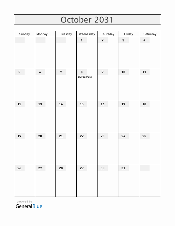 Bangladesh October 2031 Calendar with Holidays