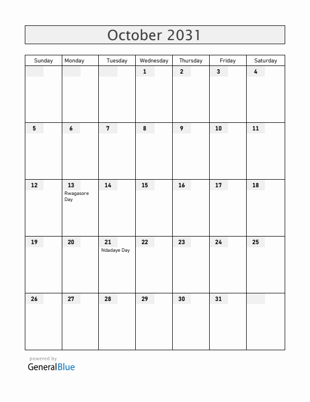 Burundi October 2031 Calendar with Holidays