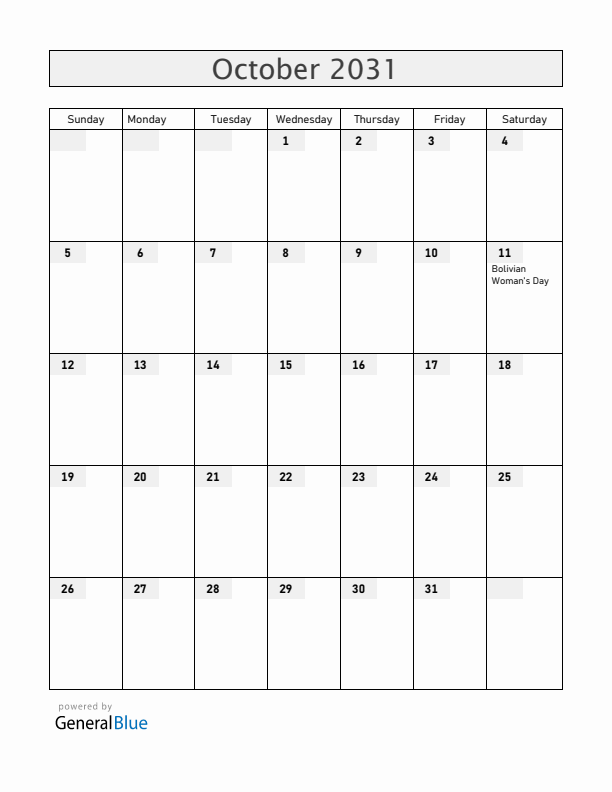 Bolivia October 2031 Calendar with Holidays