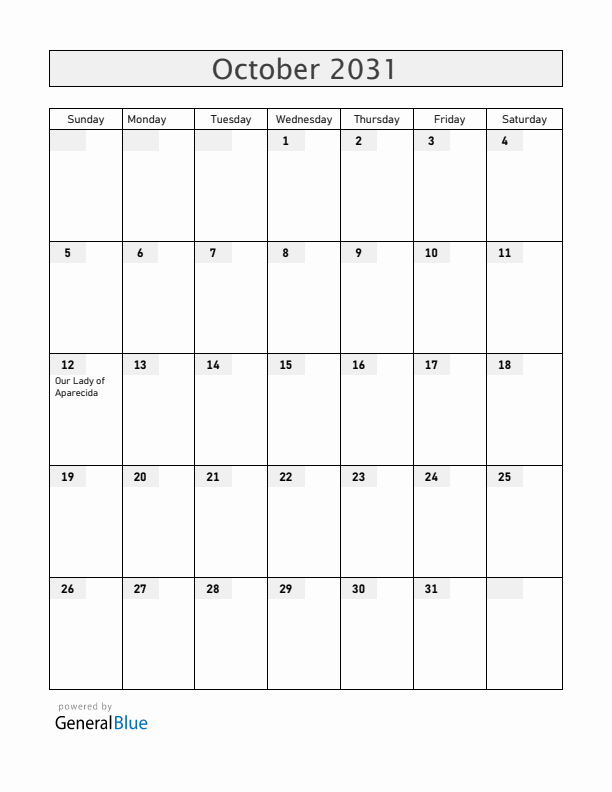 Brazil October 2031 Calendar with Holidays
