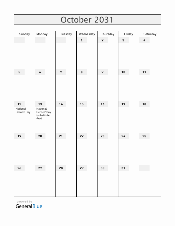 Bahamas October 2031 Calendar with Holidays