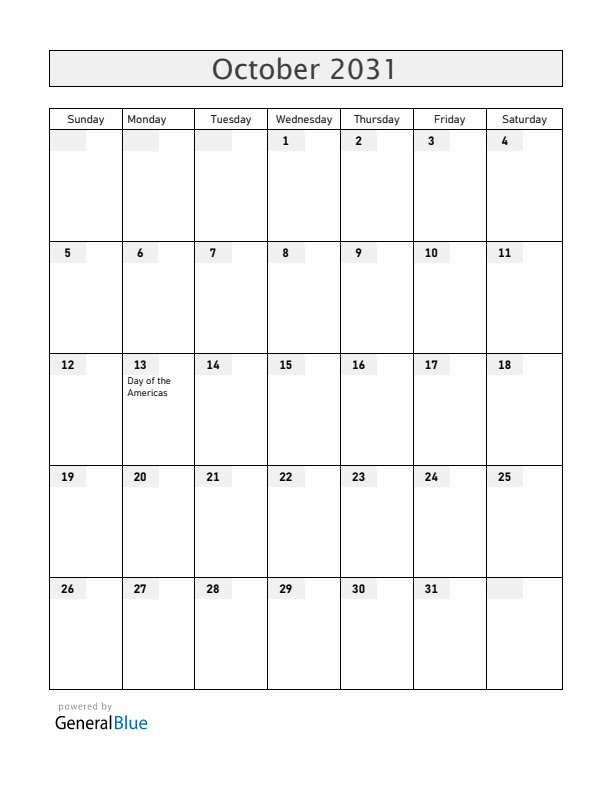 Belize October 2031 Calendar with Holidays