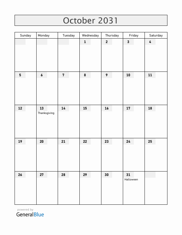 Canada October 2031 Calendar with Holidays