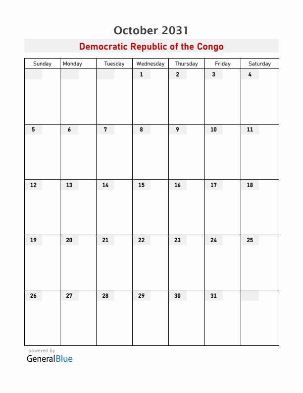 Democratic Republic of the Congo October 2031 Calendar with Holidays