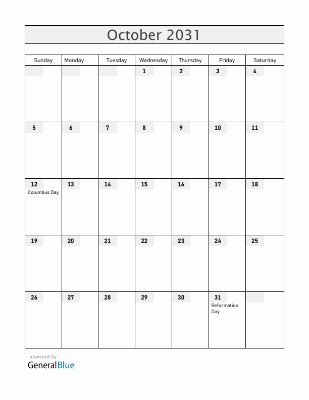 Chile October 2031 Calendar with Holidays