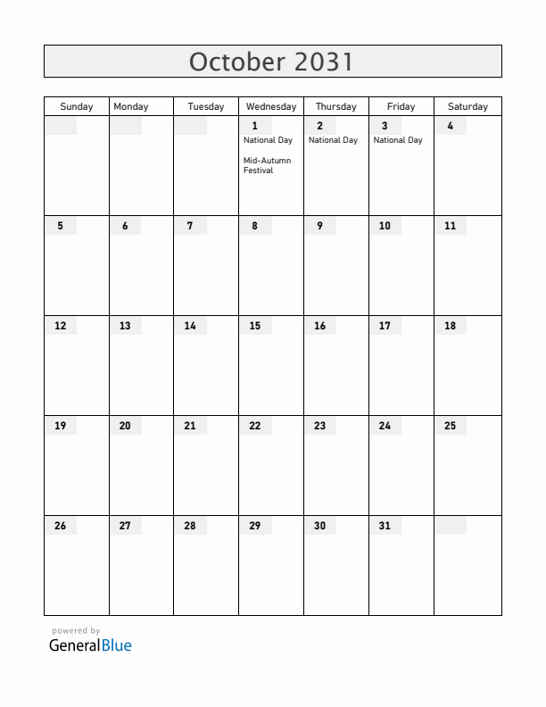 China October 2031 Calendar with Holidays