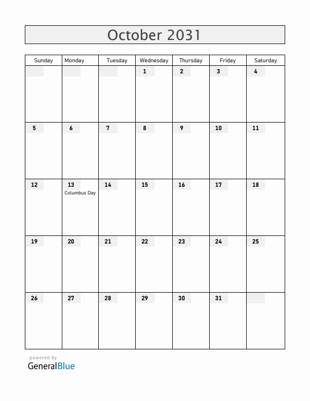 Colombia October 2031 Calendar with Holidays