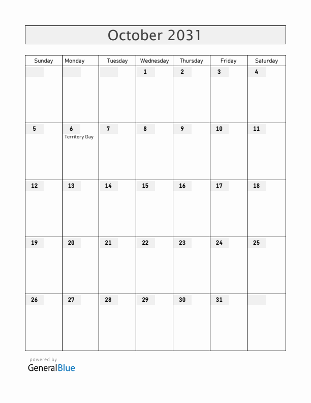 Christmas Island October 2031 Calendar with Holidays