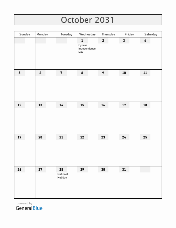 Cyprus October 2031 Calendar with Holidays