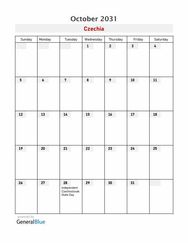 Czechia October 2031 Calendar with Holidays