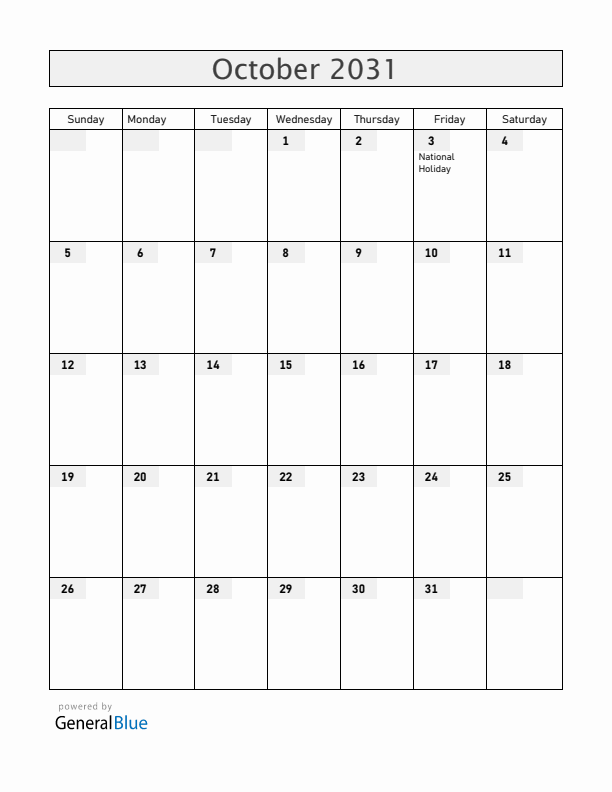 Germany October 2031 Calendar with Holidays