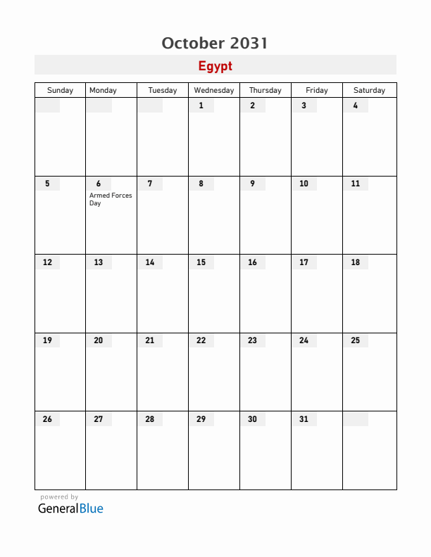 Egypt October 2031 Calendar with Holidays