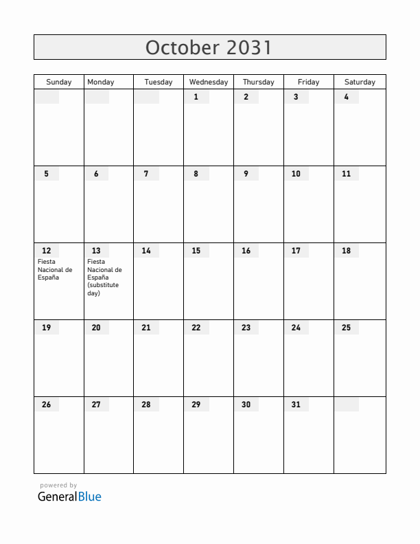 Spain October 2031 Calendar with Holidays